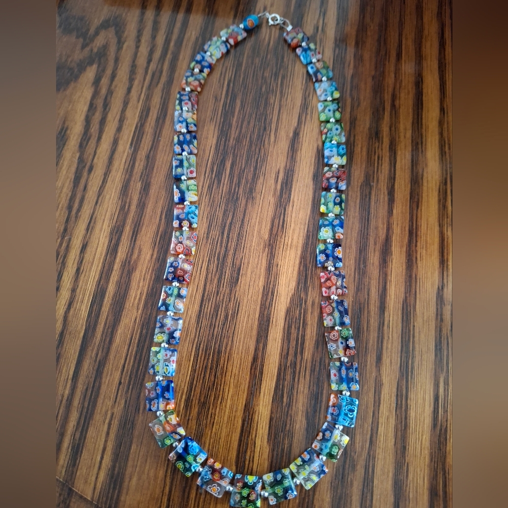 Necklace Italian Millefiori Floral Square Vintage Beads 20" Sterling Silver